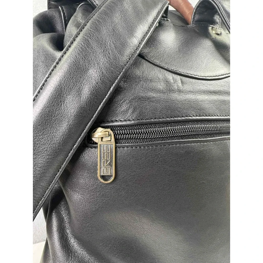 BREE Germany Leather Backpack Purse Black Brown Two Tone Drawstring Flap Bag VTG